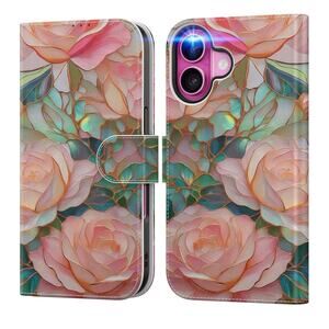 iPhone 16 Plus Wallet Case Magnetic Closure w/ Leather Stand - Blooming Pink